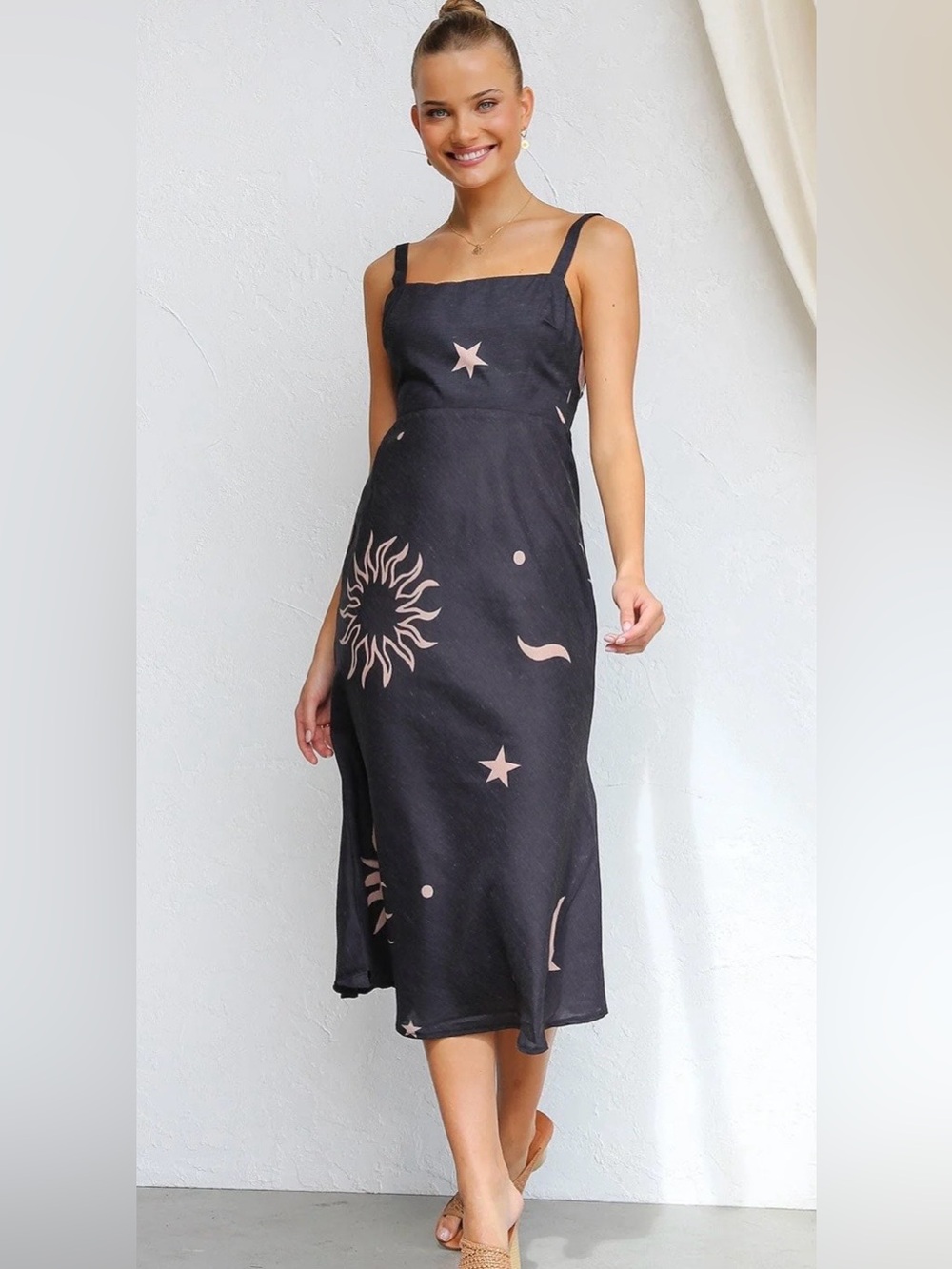 Sleeveless Black Midi Dress with Pale cream Celestial Prints